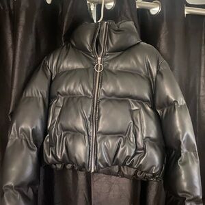 Cropped Black Faux Leather Puffer Jacket